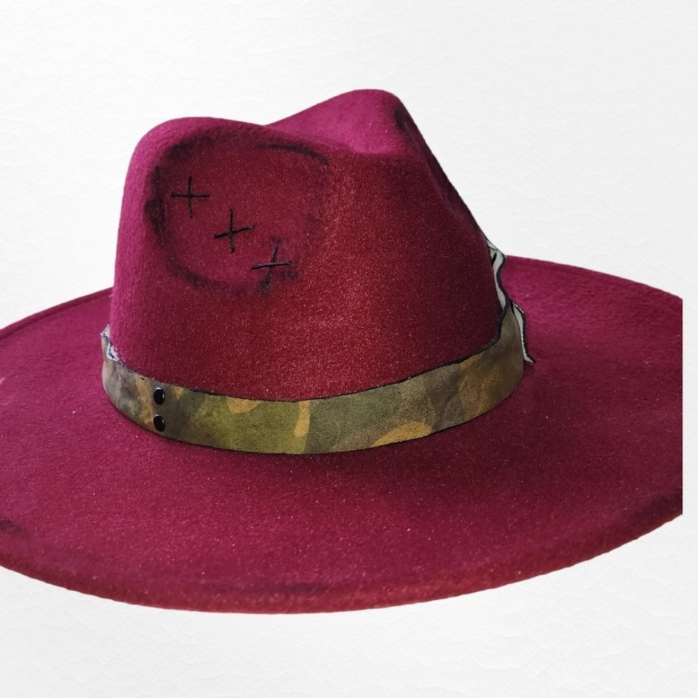 Burgundy Felt Hat with Camo leather trim